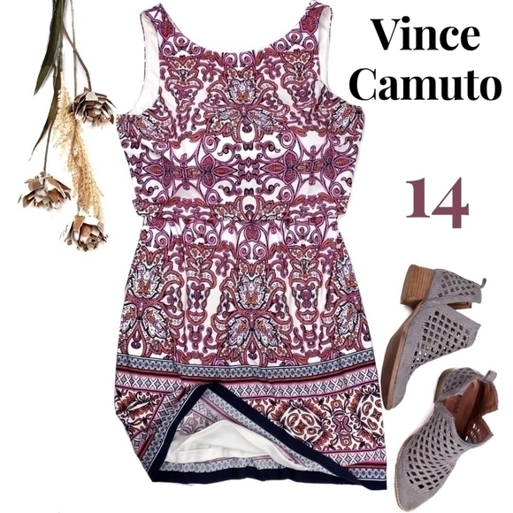 Vince Camuto Pink White Boho Print V-Back Dress Size 14 - Picture 1 of 14